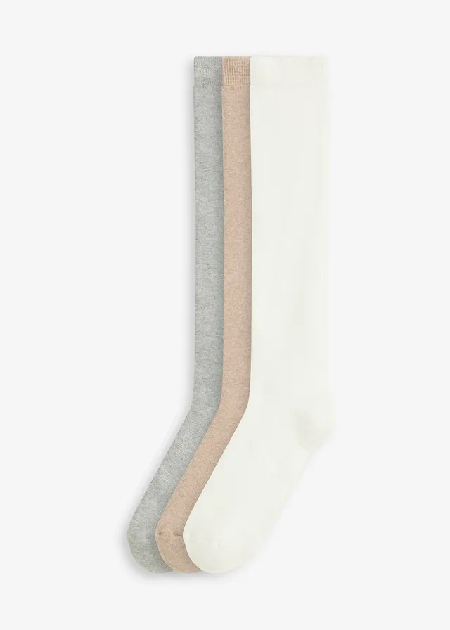 Lot de 3 paires de chaussettes hautes thermiques avec intérieur éponge doux, Couleur: écru + gris clair chiné + beige chiné