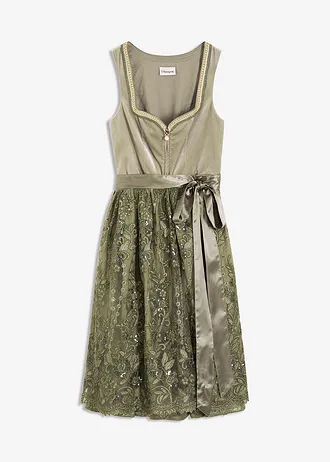 Rochie dirndl și șorț (set/2 piese), culoare: verde-mușchi-crem-șampanie
