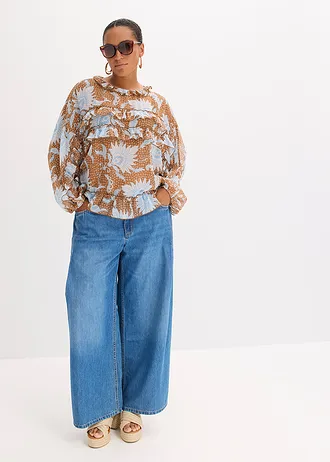 Chiffon blouse met ruches, Kleur: toffee-wolwit gedessineerd