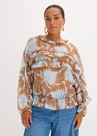 Chiffon blouse met ruches, Kleur: toffee-wolwit gedessineerd