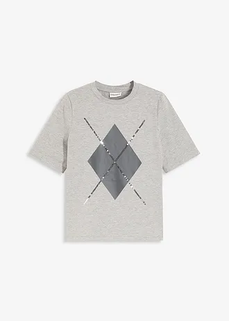 Shirt met halflange mouwen, pailletten en print, Kleur: lichtgrijs gemêleerd