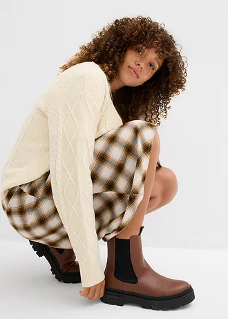 Jupe midi en flanelle 100% coton • chocolat-argenté-noir-gris pierre carreaux • Boutique bonprix