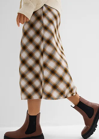 Jupe midi en flanelle 100% coton • chocolat-argenté-noir-gris pierre carreaux • Boutique bonprix