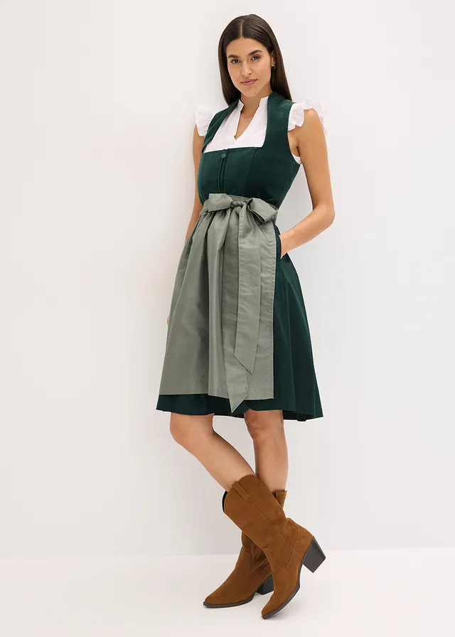 Dirndl avec corsage en velours et tablier en satin, Couleur: olive/olive