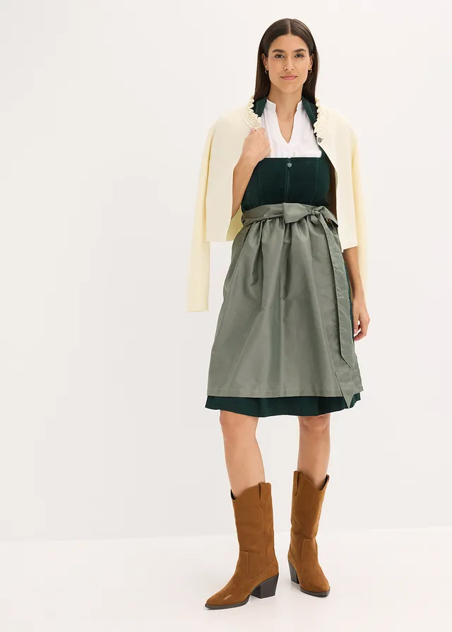 Dirndl avec corsage en velours et tablier en satin, Couleur: olive/olive