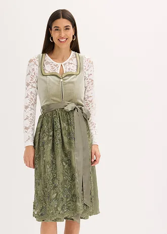 Rochie dirndl și șorț (set/2 piese), culoare: verde-mușchi-crem-șampanie