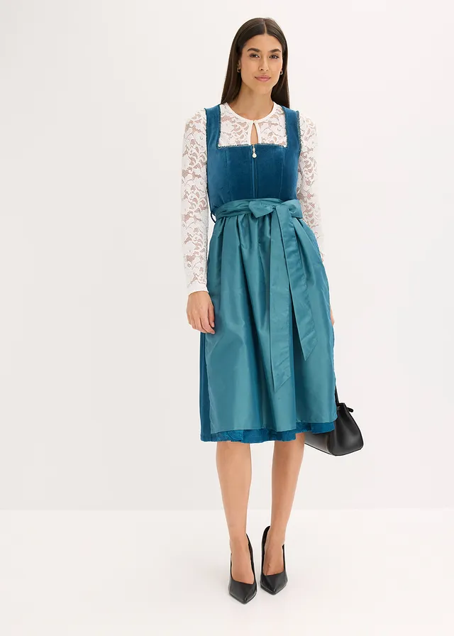 Dirndl avec velours en longueur midi (ens. 2 pces), Couleur: bleu océan