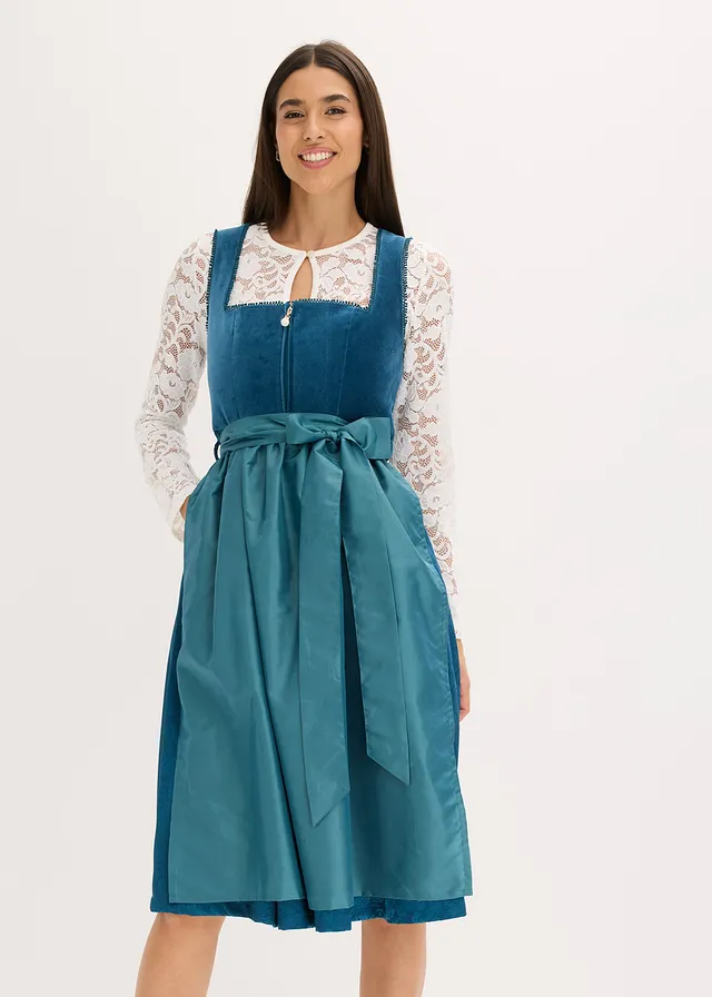 Dirndl avec velours en longueur midi (ens. 2 pces), Couleur: bleu océan