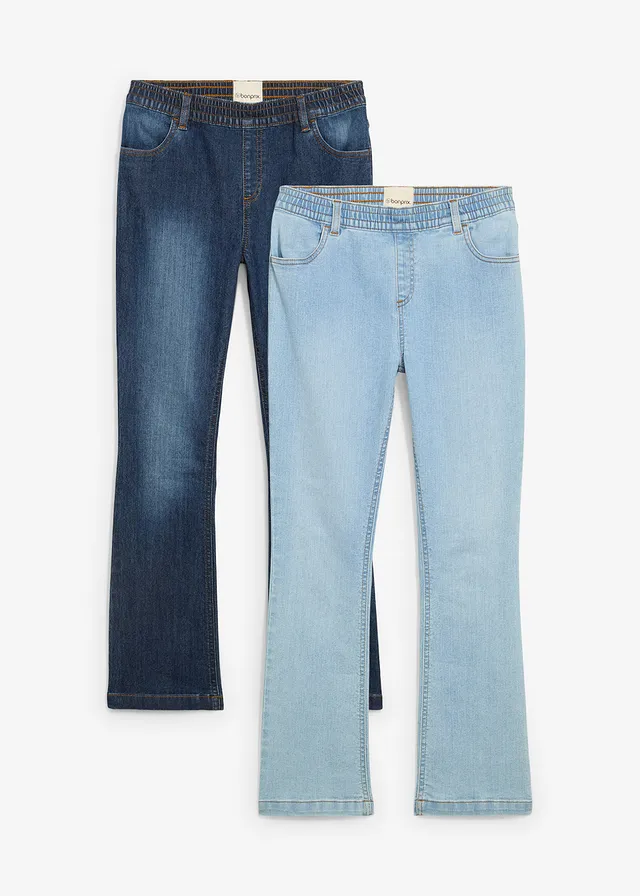 Lot de 2 jeans extensibles, taille mi haute, Couleur: bleu foncé denim/bleu clair denim