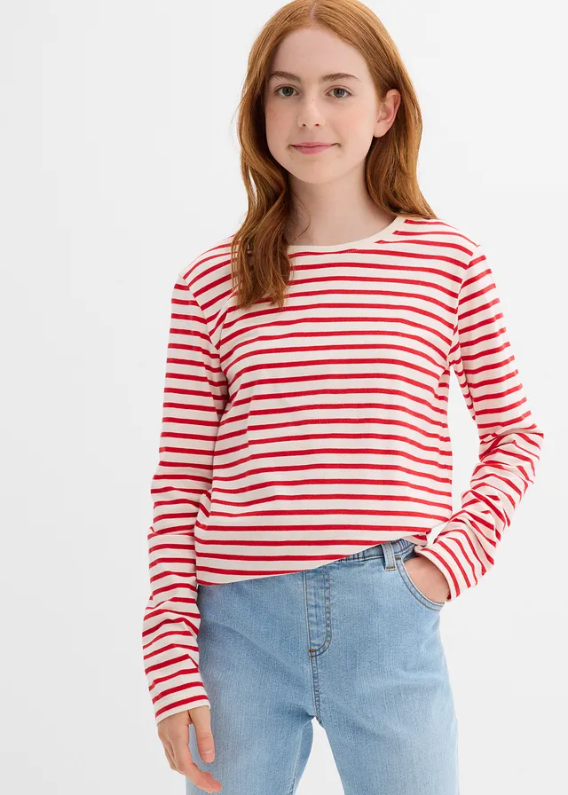 Lot de 3 T-shirts manches longues 100% coton, Couleur: fraise-écru rayé+bleu foncé+gris chiné