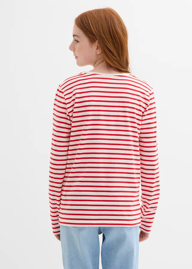 Lot de 3 T-shirts manches longues 100% coton, Couleur: fraise-écru rayé+bleu foncé+gris chiné