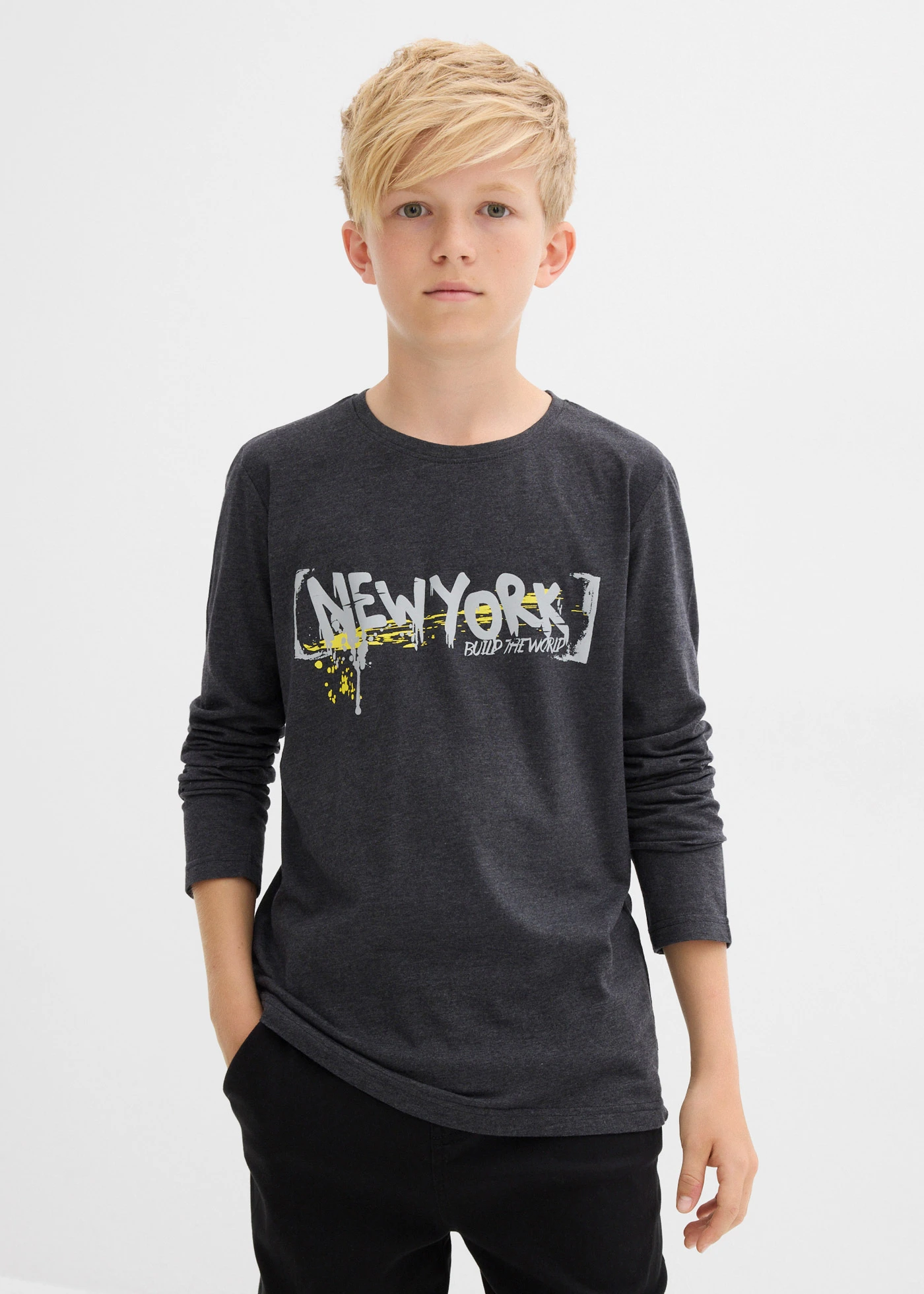 Triko s dlouhým rukávem a potiskem • antracitový melír s potiskem • bonprix obchod