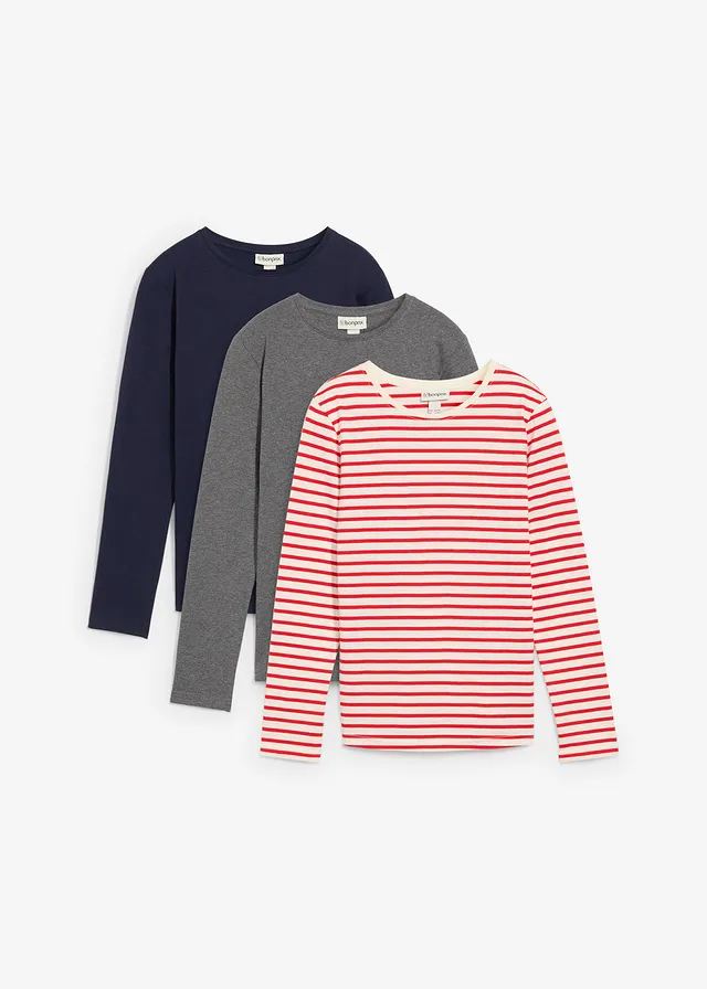 Longsleeve (set van 3), Kleur: aardbeirood-wolwit gestreept+donkerblauw+grijs gemêleerd