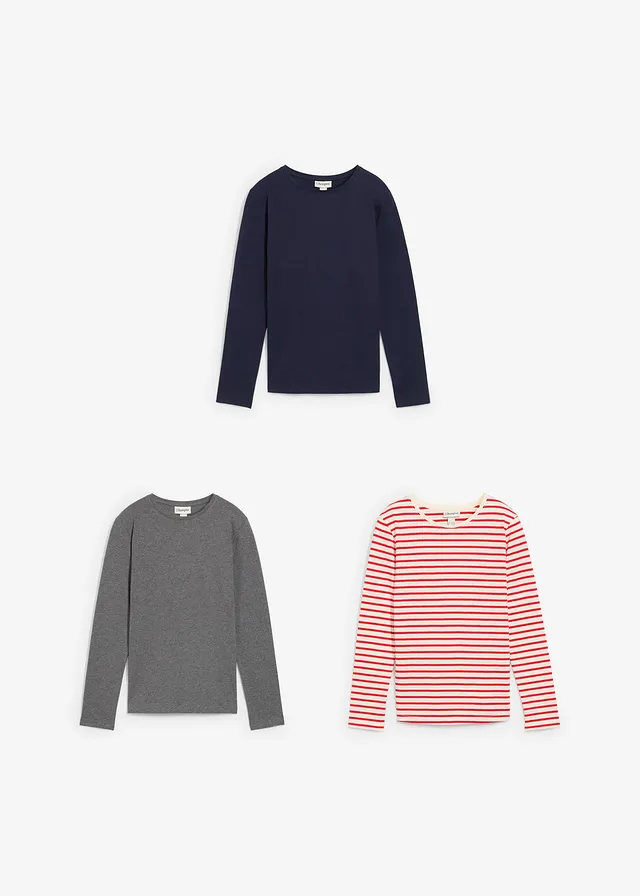 Longsleeve (set van 3) • aardbeirood-wolwit gestreept+donkerblauw+grijs gemêleerd • product-page.page-title-suffix