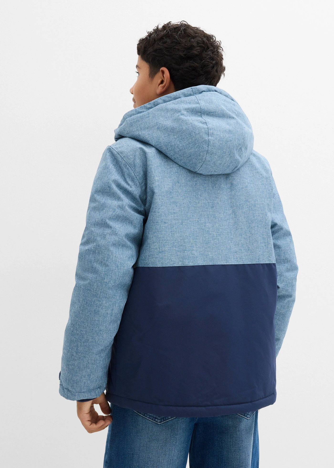 Gewatteerde winterjas in colourblocking met capuchon • donkerblauw/golfblauw gemêleerd • bonprix online shop