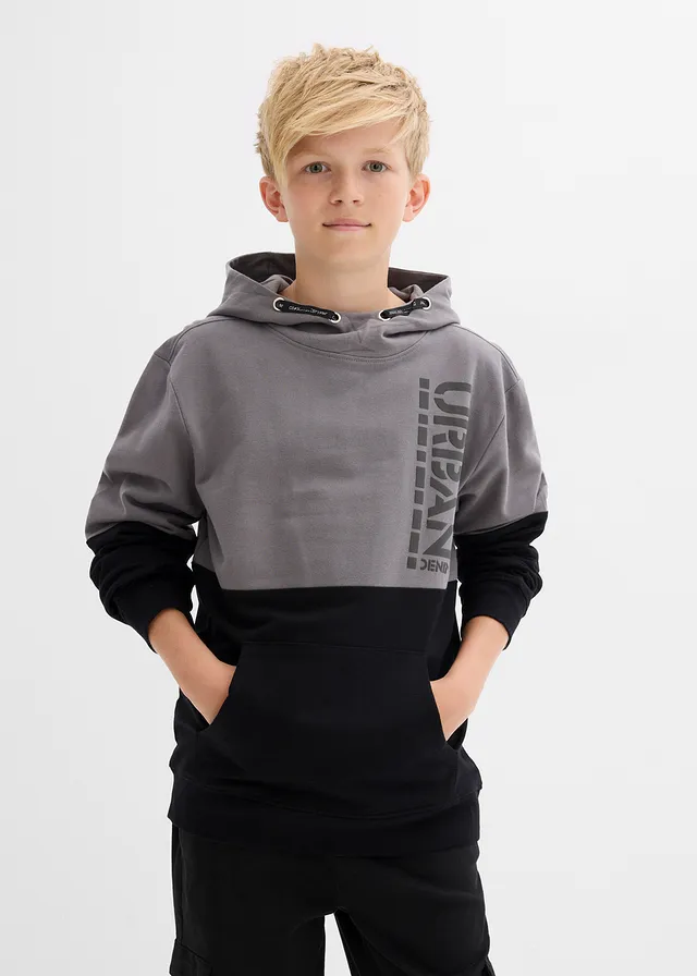 Jongens hoodie van biologisch katoen, Kleur: rookgrijs/zwart