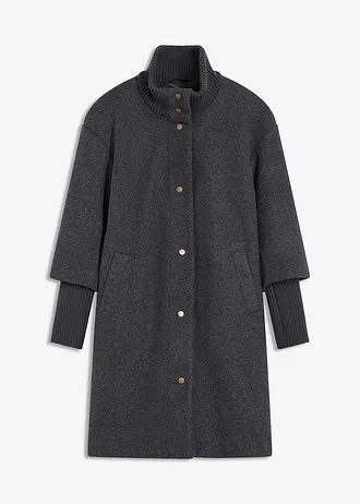 Korte coat in wollen look, Kleur: antraciet gemêleerd