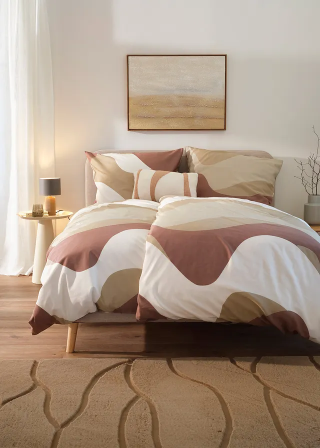 Dekbedovertrek met grafisch design, Kleur: beige-wit