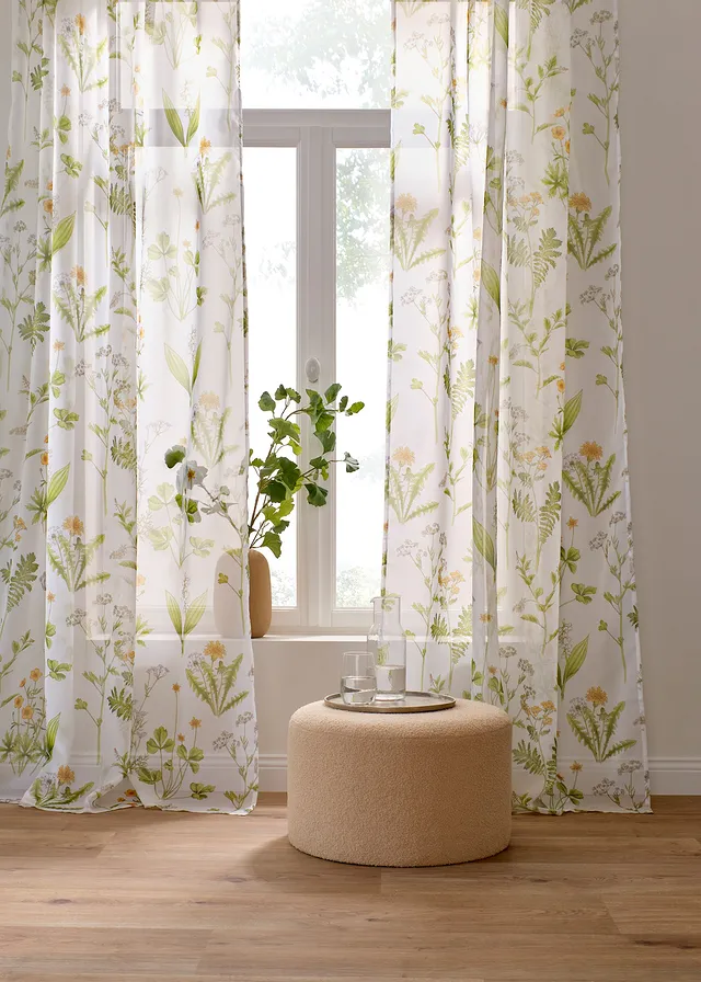 Gebloemd gordijn (1 stuk), Kleur: wit-groen