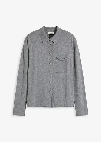 Fijngebreid vest in overhemd look, Kleur: grijs gemêleerd