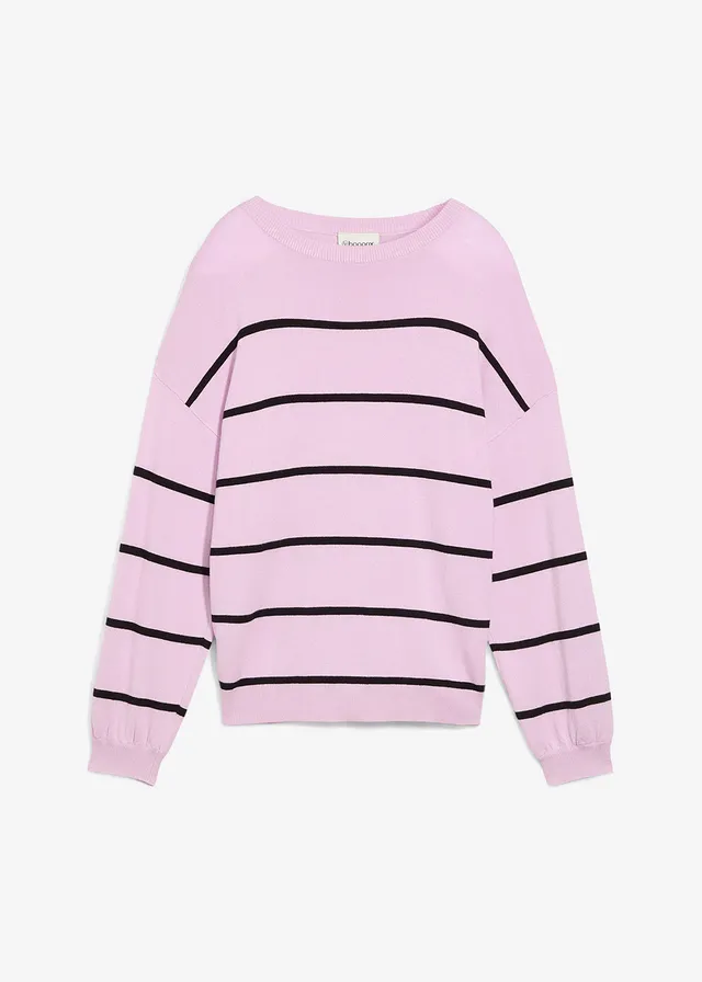 Pull en fine maille de viscose mélangée, Couleur: mauve clair-noir rayé