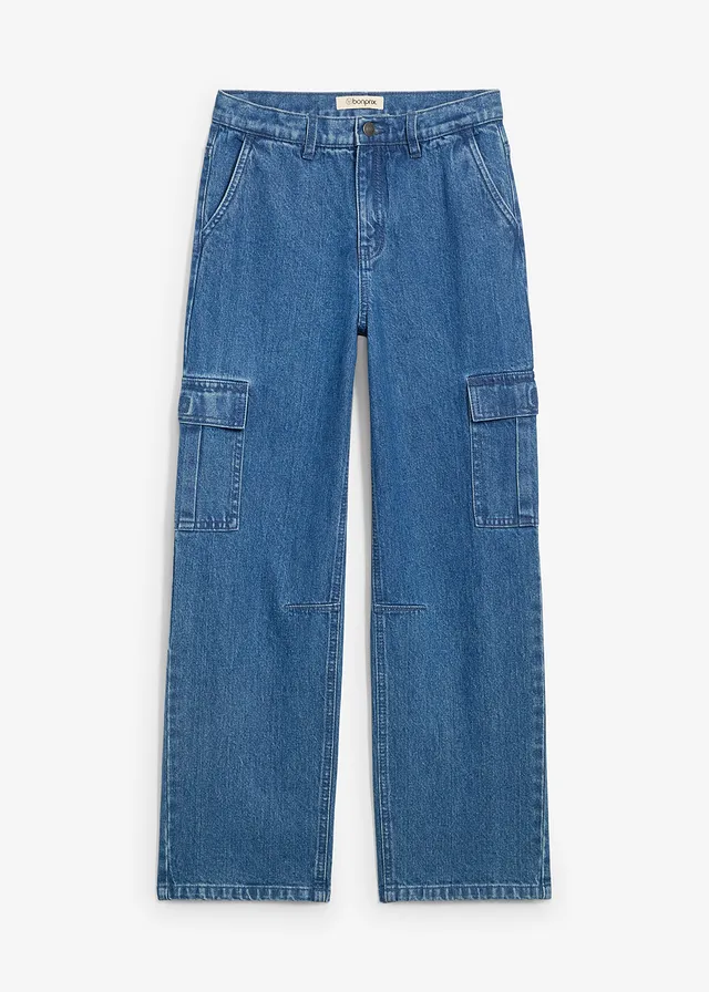 Blugi cargo loose fit, drepți, cu talie reglabilă
