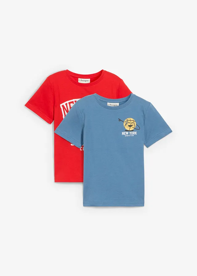 T-shirt van biologisch katoen (set van 2), Kleur: aardbeirood+blauwgroen met print