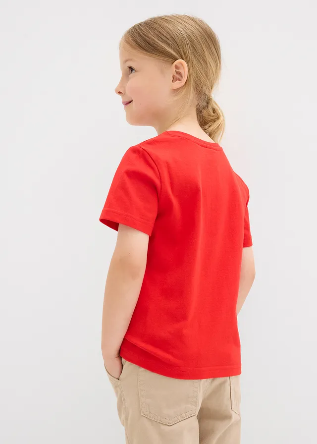 T-shirt van biologisch katoen (set van 2), Kleur: aardbeirood+blauwgroen met print