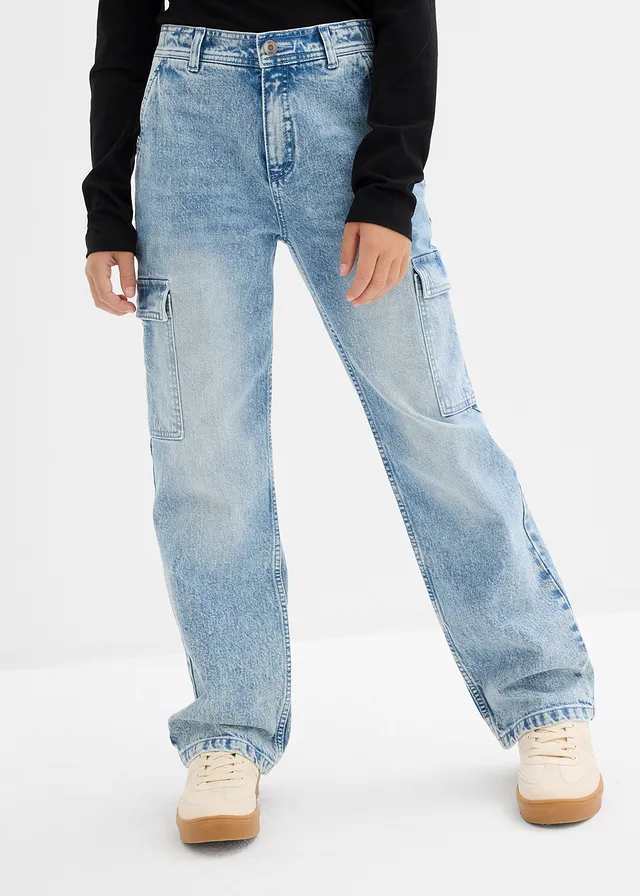 Wijde cargo jeans, mid waist, Kleur: ijsblauw denim