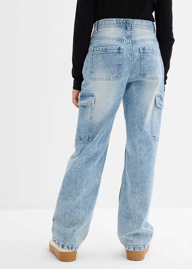 Wijde cargo jeans, mid waist, Kleur: ijsblauw denim