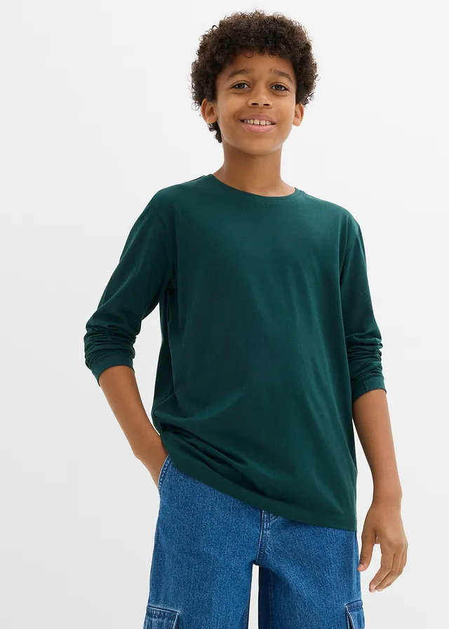 Longsleeve met biologisch katoen (set van 3), Kleur: wit+antraciet gemêleerd+diepgroen