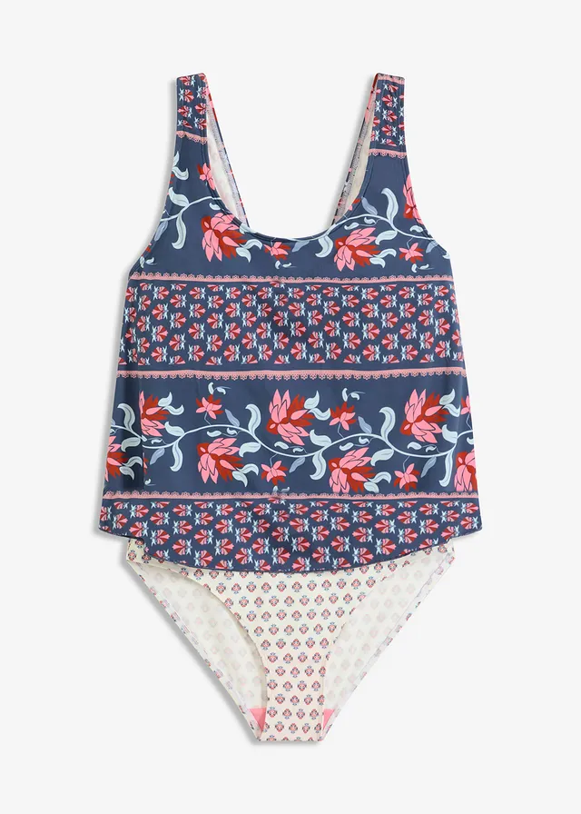 Badpak in tankini look, Kleur: blauw-roze gedessineerd