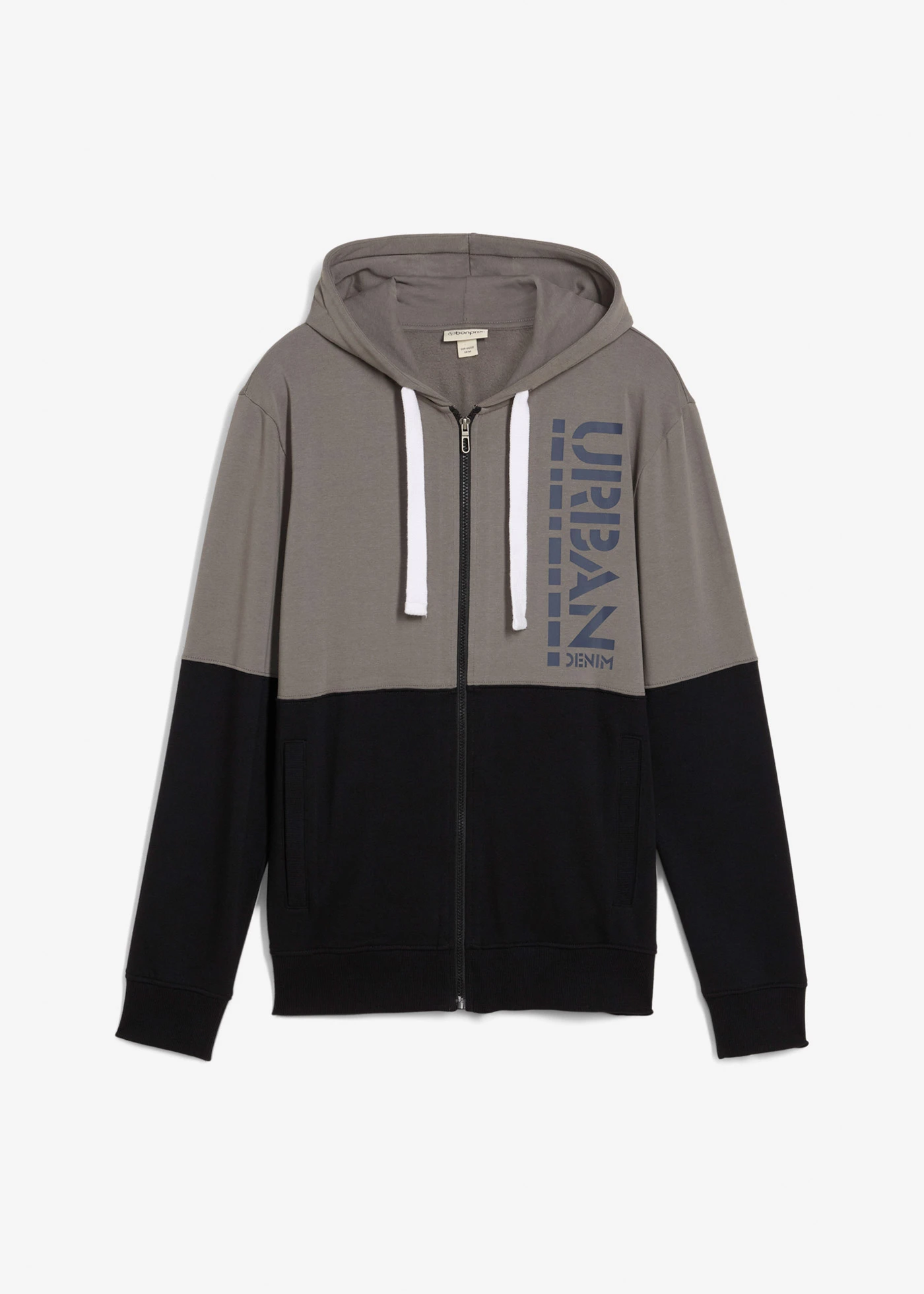 Mikina na zapínání s kapucí, z čisté organické bavlny • kouřově šedá + černá • bonprix obchod