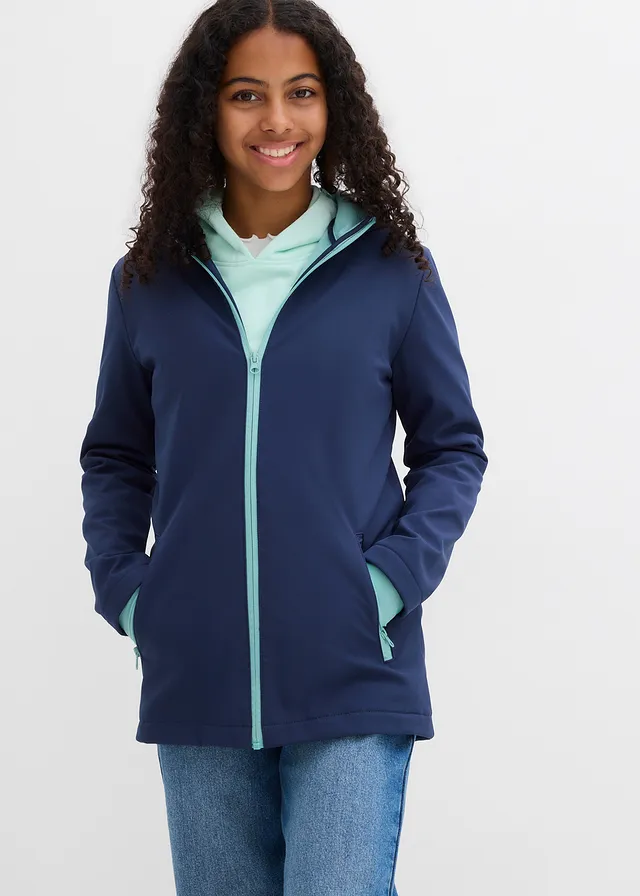 Veste softshell imperméable à capuche, Couleur: bleu foncé/turquoise clair
