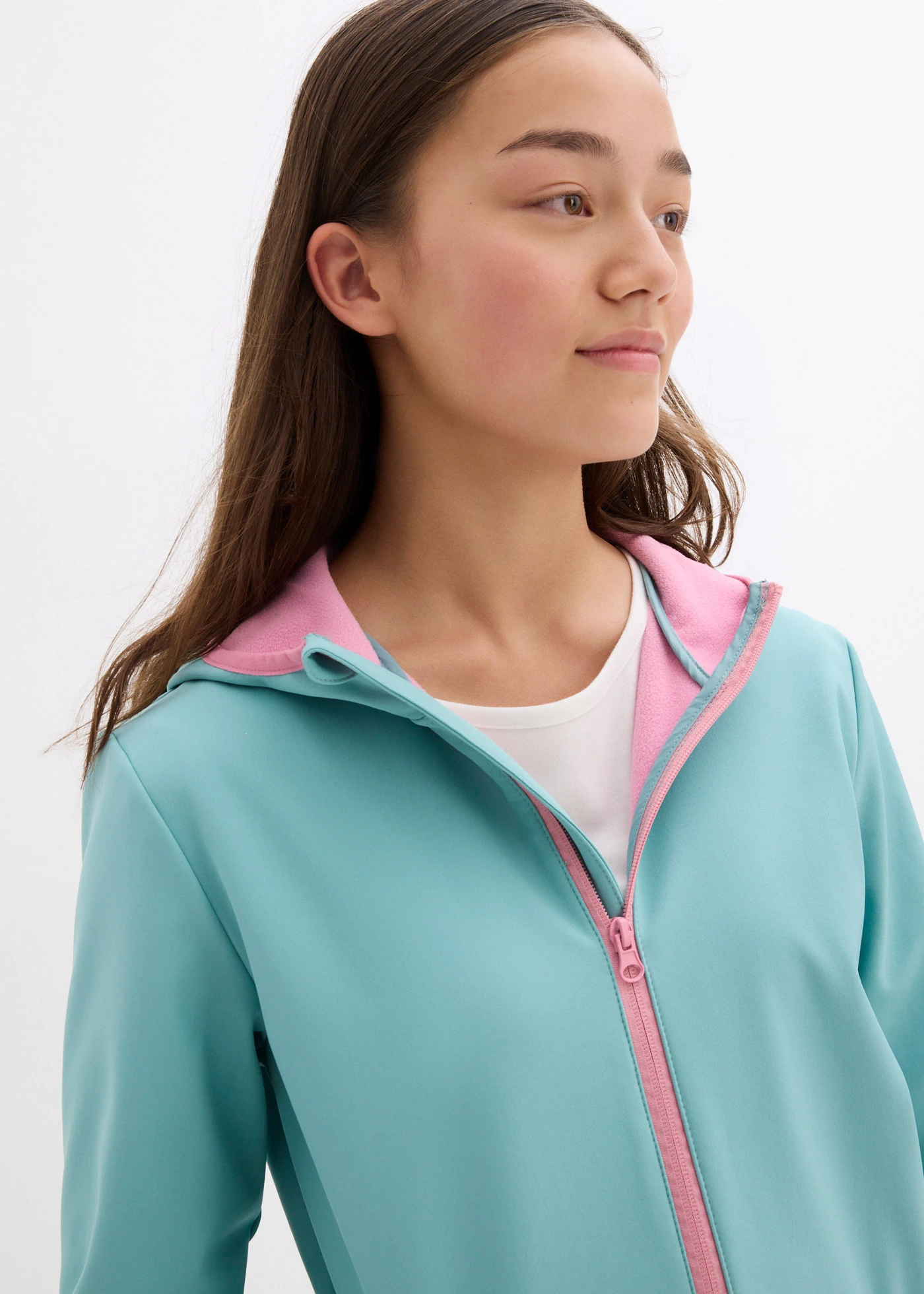 Veste softshell imperméable à capuche • turquoise clair/rose framboise • Boutique bonprix