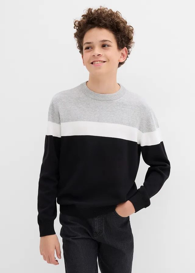 Pull en fine maille 100% coton, Couleur: noir-écru-gris clair chiné rayé