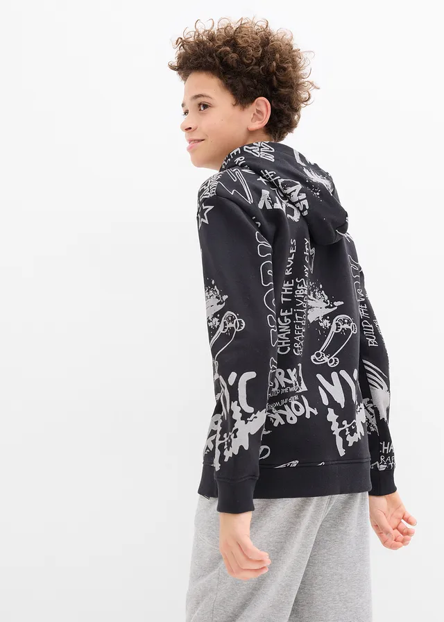 Sweat à capuche en matière douce, Couleur: noir graphique