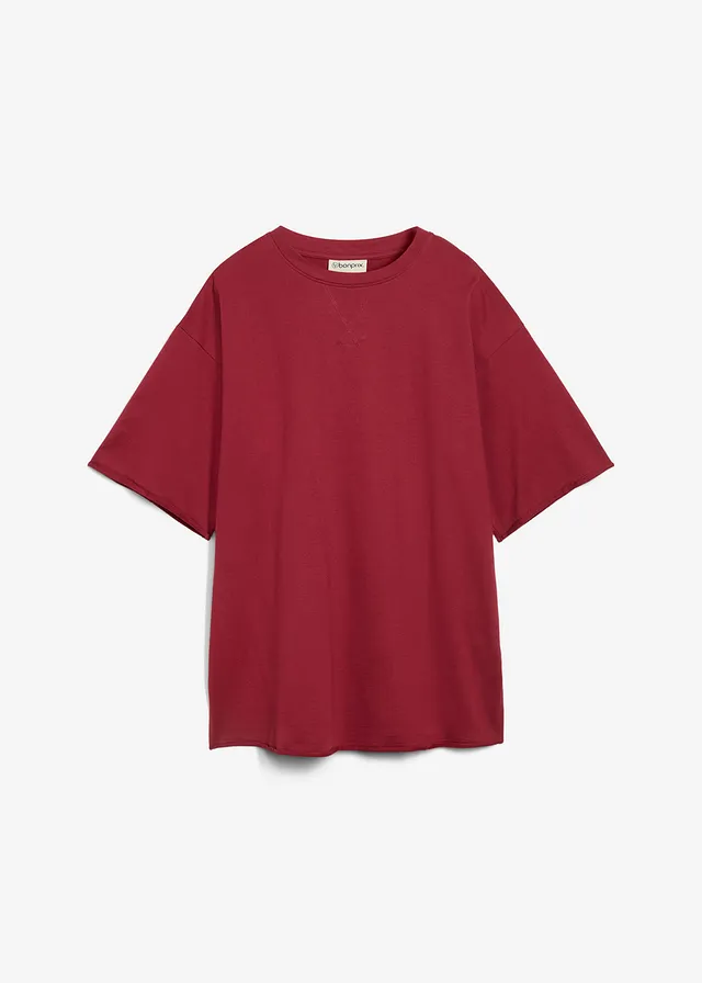 T-shirt long en sweat 100% coton, Couleur: rouge prune