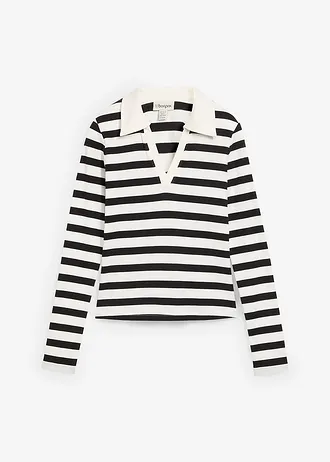 Triko polo s dlouhým rukávem, z žebrového materiálu • přírodní bílo-černá s proužky • bonprix obchod