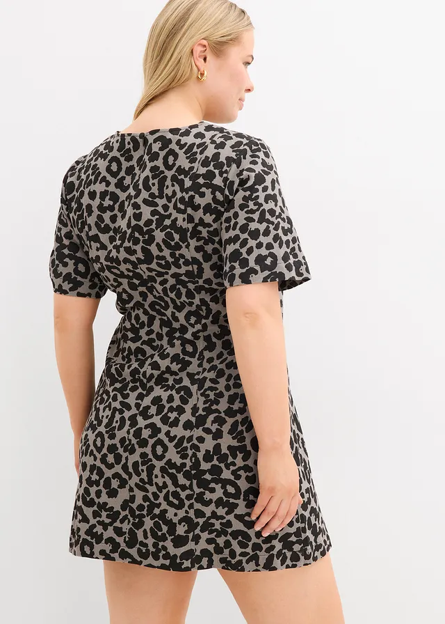 Twill jurk van katoen, Kleur: grijs-zwart luipaardprint