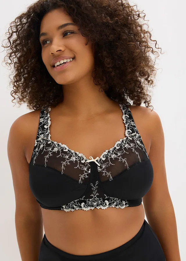 Soutien-gorge de maintien sans armatures, bretelles rembourrées et broderies, Couleur: noir/poudré