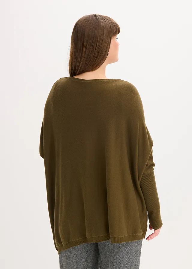Gebreide trui in een fijne viscosemix, Kleur: olijfgroen