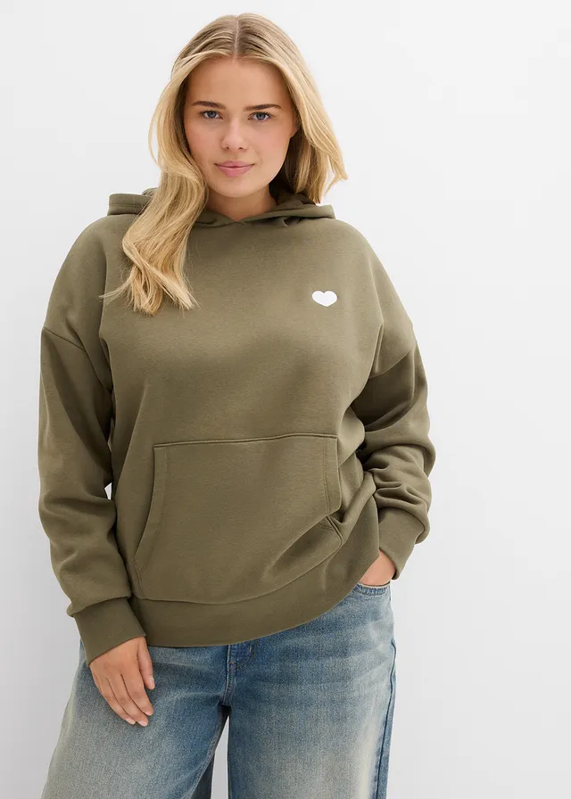 Sweat à capuche doux en coton mélangé, Couleur: vert argile imprimé