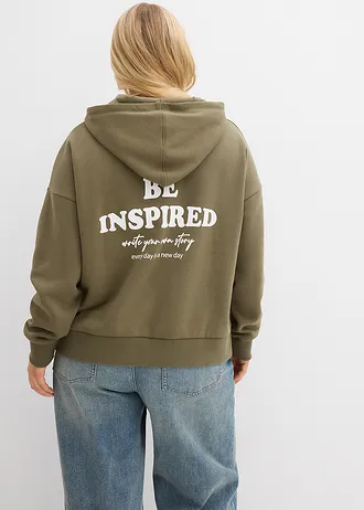 Oversize mikina s kapucí, z měkké bavlněné směsi, barva: hnědozelená s potiskem