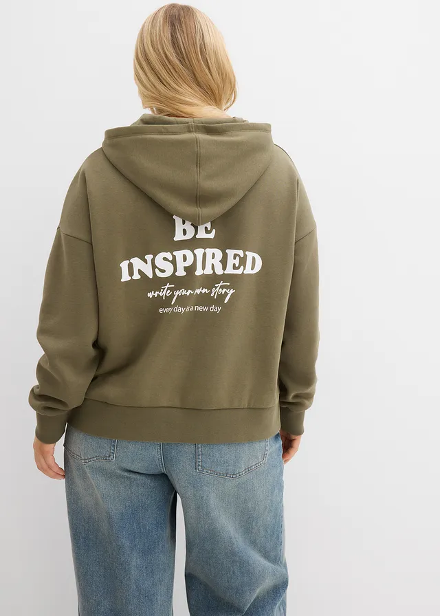 Sweat à capuche doux en coton mélangé, Couleur: vert argile imprimé