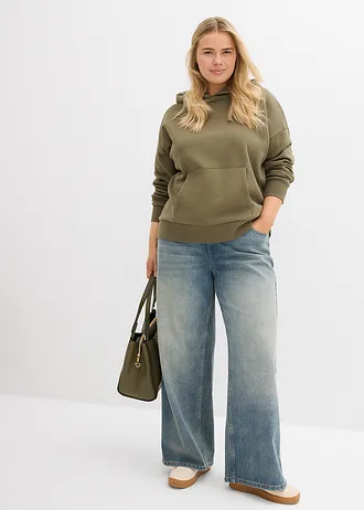 Oversize mikina s kapucí, z měkké bavlněné směsi, barva: hnědozelená s potiskem