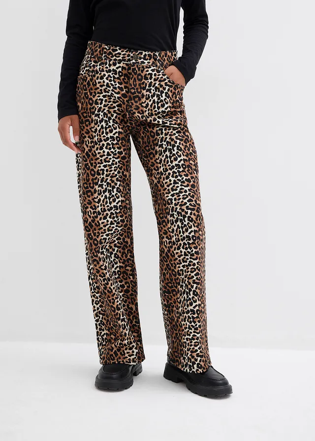 Wide leg jeans, mid waist, Kleur: ecru luipaardprint
