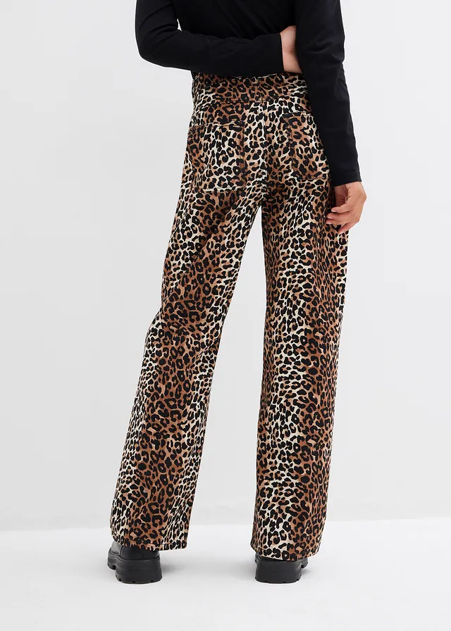 Wide leg jeans, mid waist, Kleur: ecru luipaardprint