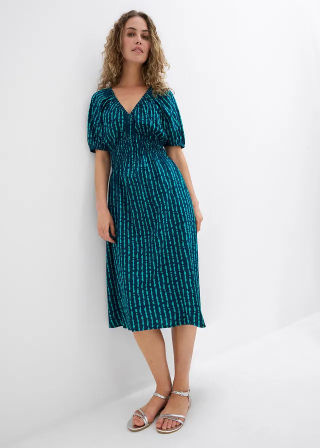 Robe midi en viscose douce, Couleur: bleu foncé/turquoise mat imprimé