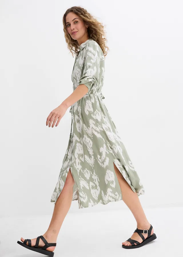 Robe-chemise en viscose fluide, Couleur: gris vert/écru imprimé